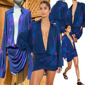 🆕 RAT & BOA 🧿 NWOT Volana Blue and Purple Floral Printed Cowl Neck Mini, Sz XL